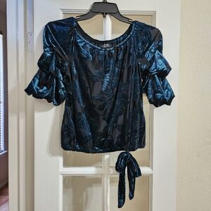 MSK Petite Velvet Floral Off Shoulder Tie Top PM Blue Black Blouse